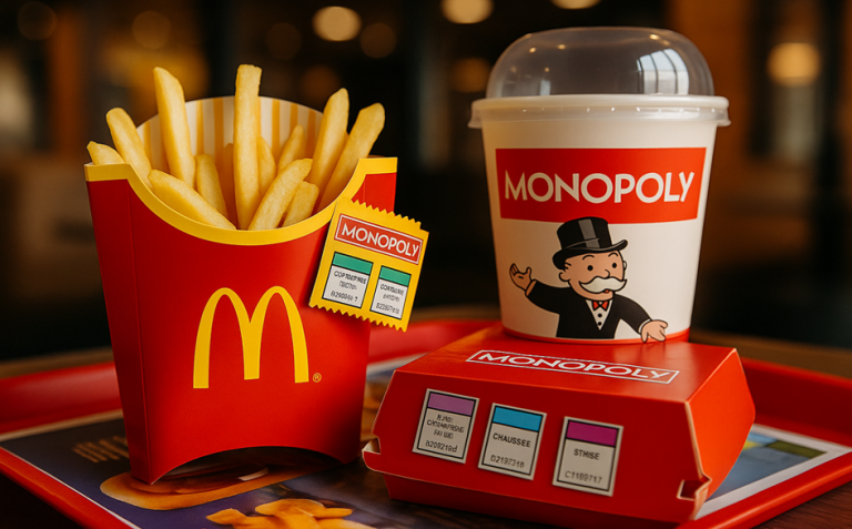 Nahaufnahme eines McDonald’s Tabletts mit Pommes, Getränkebecher und Verpackung im Monopoly-Design, inklusive Sammelstickern.